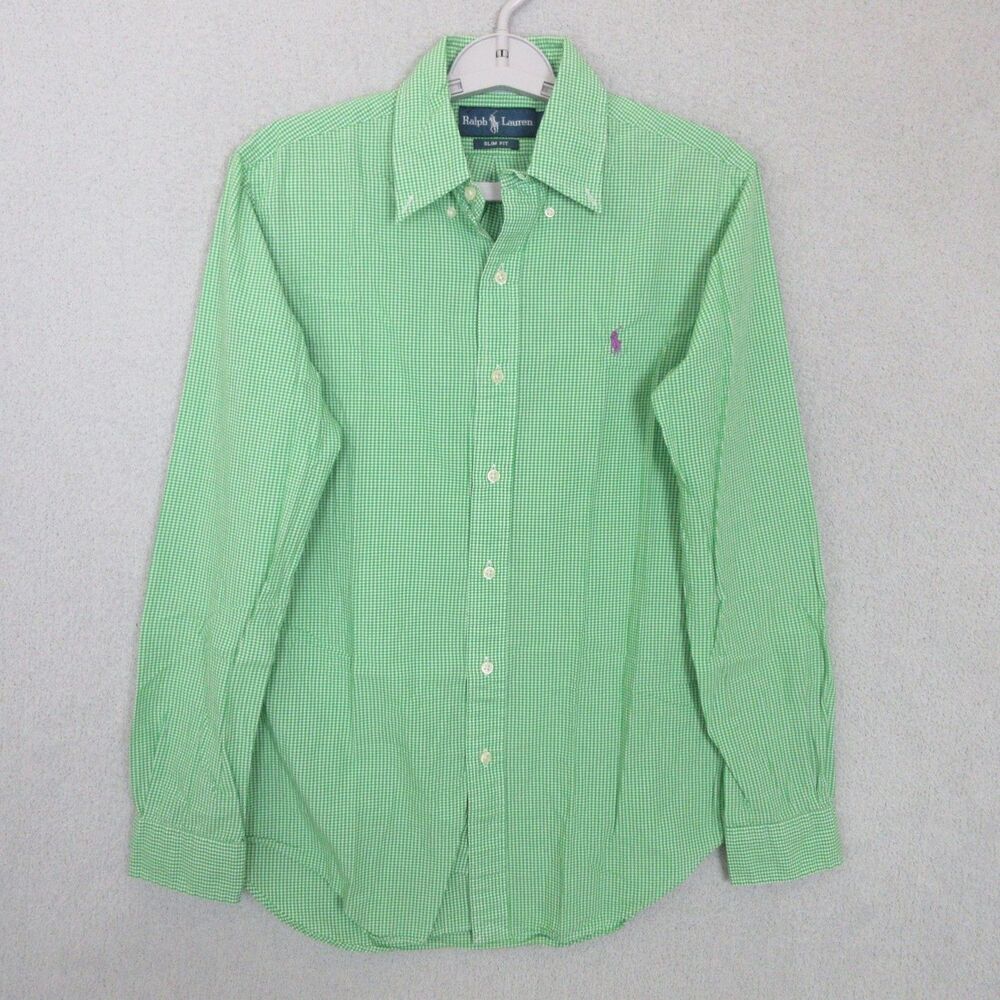Ralph Lauren Dress Shirt Mens S Slim Fit Green‎ Gingham Button Down Long Sleeve